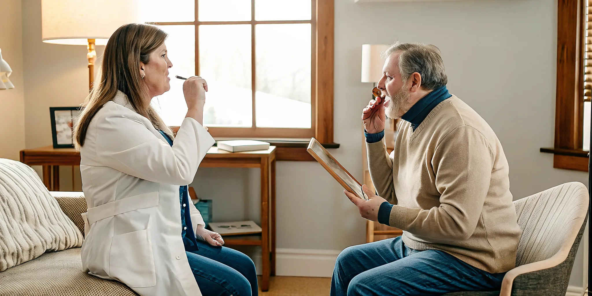 Speech-language pathologist using therapeutic exercises with adult patient near Cockeysville